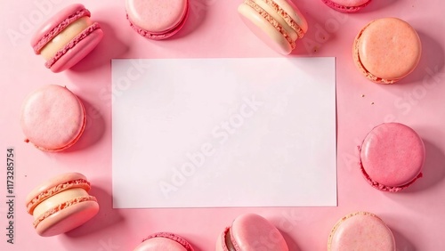 A blank card surrounded by macarons on a soft pink background. Place for text