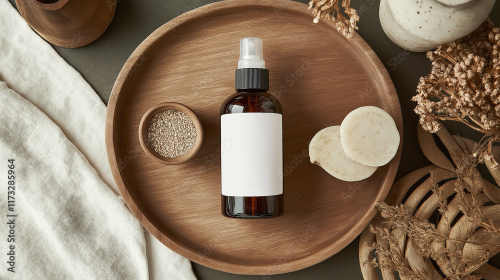 Amber glass toner spray bottle with a white label, placed on a wooden plate with natural ingredients and dried elements, perfect for artisan and eco-friendly skincare branding Amber glass toner spray bottle with a white label, placed on a wooden plate with natural ingredients and dried elements, perfect for artisan and eco-friendly skincare branding