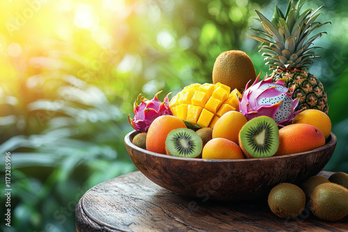 Fototapeta Naklejka Na Ścianę i Meble -  Tropical fruits in bowl on table, jungle background, sunny