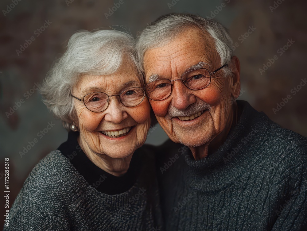 Elderly couple sharing warmth and happiness in a soft studio setting, showcasing a beautiful bond and joyful moments together during their golden years Elderly couple sharing warmth and happiness in a soft studio setting, showcasing a beautiful bond and joyful moments together during their golden years