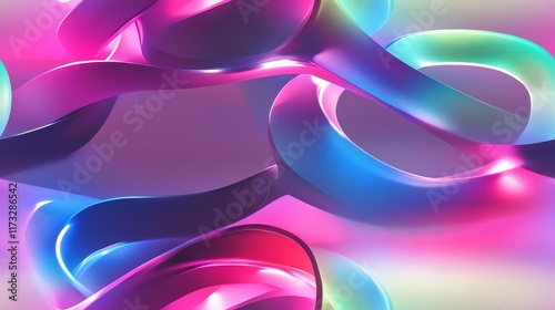 Abstract technology design with radiant 3D wires spiraling in harmony, glowing in gradients of pink, blue, and green