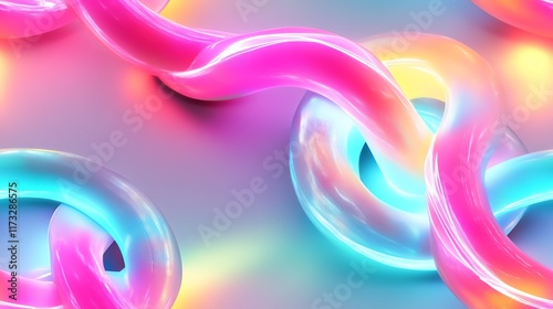 Abstract technology design with radiant 3D wires spiraling in harmony, glowing in gradients of pink, blue, and green photo