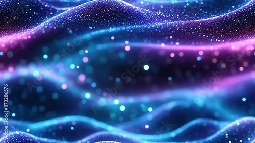Abstract tunnel of luminous cables and digital particles, illuminated in hues of purple and teal, highly detailed and immersive