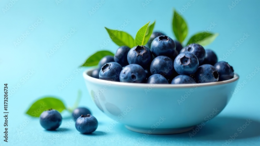 bowl of fresh blueberries with green leaves on a blue background, Proper nutrition, health.
bowl of fresh blueberries with green leaves on a blue background, Proper nutrition, health.