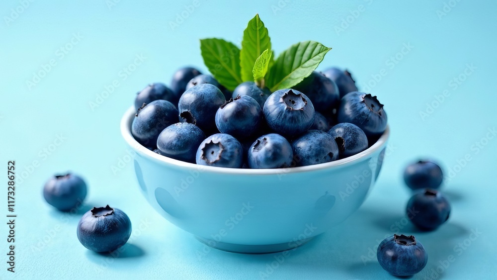 bowl of fresh blueberries with green leaves on a blue background, Proper nutrition, health.
bowl of fresh blueberries with green leaves on a blue background, Proper nutrition, health.