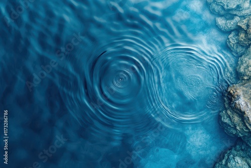 A breathtaking aerial view reveals ripples dancing across crystal-clear water next to a rugged shoreline, all illuminated by the brilliant light of day, showcasing nature's serene beauty