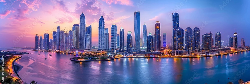 Naklejka premium A stunning panoramic view of Dubai's skyline at sunset, with skyscrapers reflecting in the water. AI generative. .