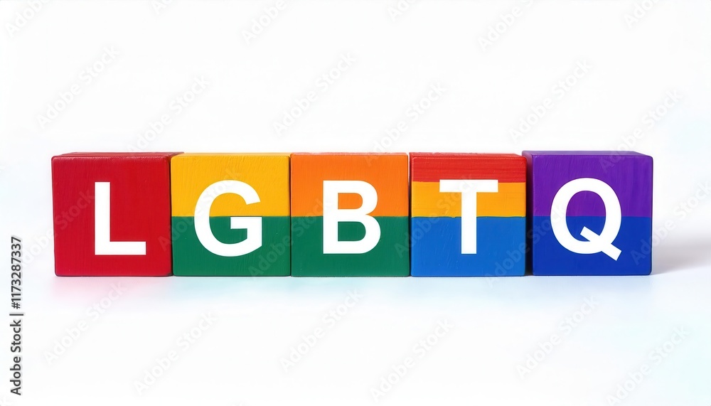 Colorful LGBTQ Blocks Depicting Letters L, G, B, T, Q on Rainbow Colored Wooden Cubes for Pride, Equality, and Inclusivity Themes Colorful LGBTQ Blocks Depicting Letters L, G, B, T, Q on Rainbow Colored Wooden Cubes for Pride, Equality, and Inclusivity Themes