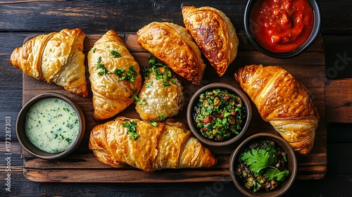 Empanadas, samosas, and stuffed croissants, featuring savory and sweet fillings, presented on rustic wooden boards with dipping sauces photo