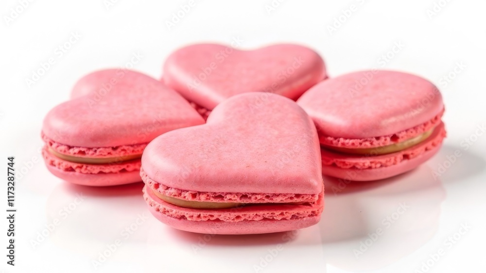 Sweet pink heart shaped macarons on white background
Sweet pink heart shaped macarons on white background