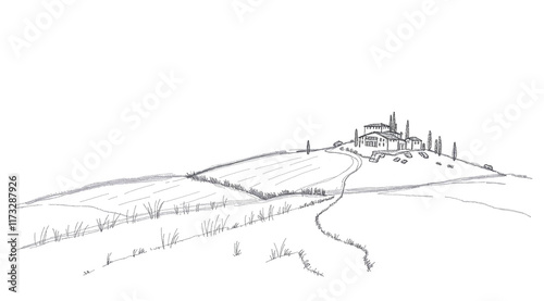 Tuscan panorama, beautiful pencil illustration of iconic and romantic landscape, copy-space