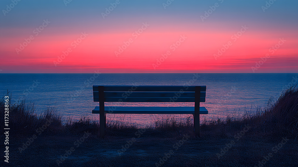 A melancholic photography of an empty bench overlooking a vast, calm ocean, with the horizon stretching endlessly, bathed in soft hues of pink and blue. A melancholic photography of an empty bench overlooking a vast, calm ocean, with the horizon stretching endlessly, bathed in soft hues of pink and blue.