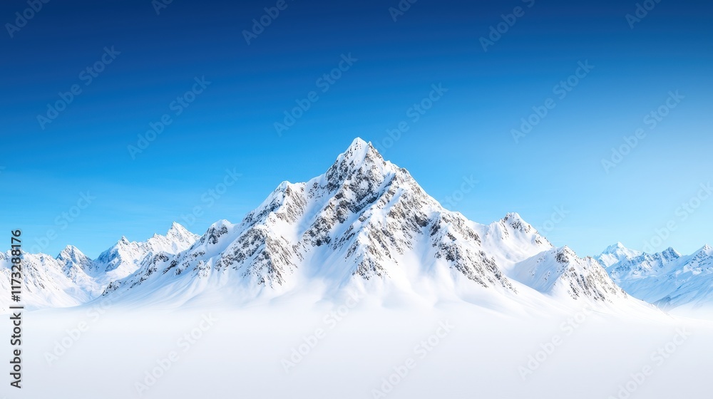 Fototapeta premium Majestic Snowy Mountain Range Under Bright Blue Sky Showcasing Crisp Peaks and Serene Winter Landscape Inviting Adventure and Tranquility for All