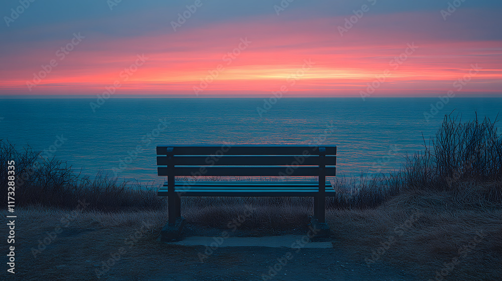 A melancholic photography of an empty bench overlooking a vast, calm ocean, with the horizon stretching endlessly, bathed in soft hues of pink and blue. A melancholic photography of an empty bench overlooking a vast, calm ocean, with the horizon stretching endlessly, bathed in soft hues of pink and blue.