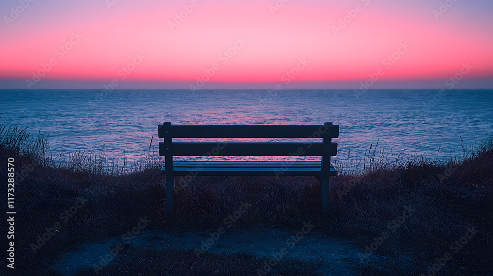 A melancholic photography of an empty bench overlooking a vast, calm ocean, with the horizon stretching endlessly, bathed in soft hues of pink and blue. A melancholic photography of an empty bench overlooking a vast, calm ocean, with the horizon stretching endlessly, bathed in soft hues of pink and blue.
