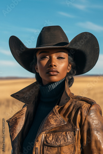 black fashion model as cowgirl wearing stetson hat and leather western jacket with prairie vista americana in background