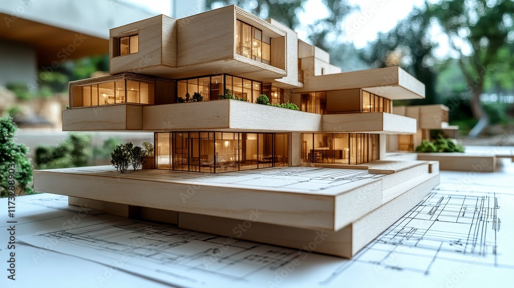 Architectural model of a modern house on blueprints. Architectural model of a modern house on blueprints.