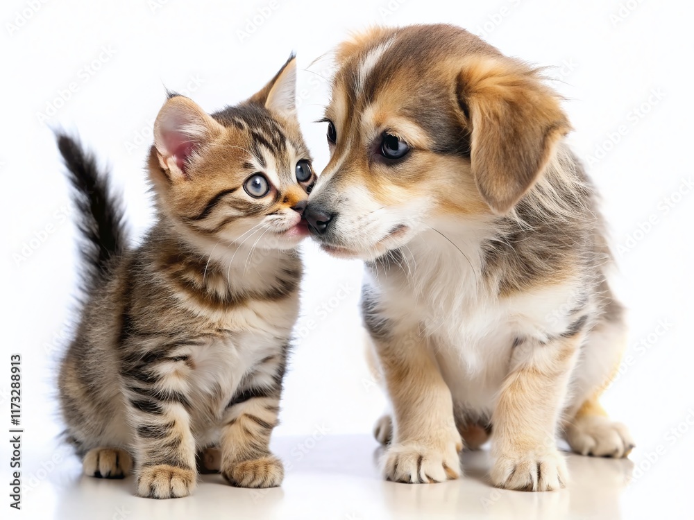 Obraz premium Hilarious Kitten Sniffing Puppy: Funny Pet Photo, White Background