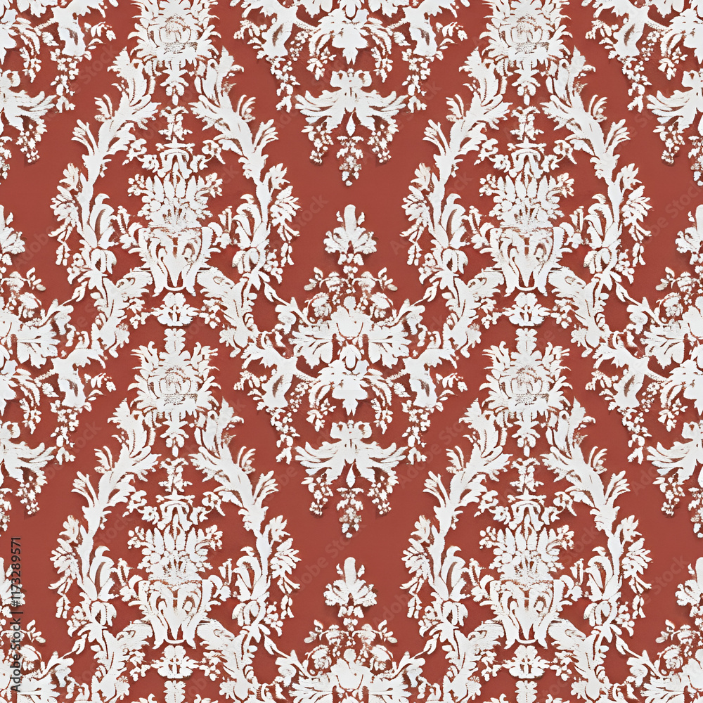 Fototapeta premium Seamless elegant vintage floral damask pattern on red background, classic textile design
