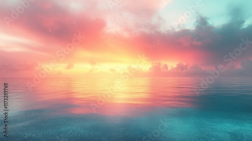 The sunset casts a vibrant display over the tranquil waters, where soft teal gradients beautifully merge with the warm hues of the evening sky
