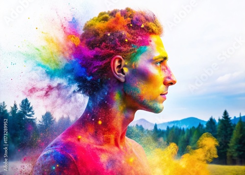 Holi Festival Colorful Powder Explosion Double Exposure Stock Photo photo