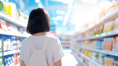 A Thoughtful Woman in a White Shirt Examines Eco Friendly Products in a Bright Sunlit Grocery Store Captured from a Low Angle Perspective photo