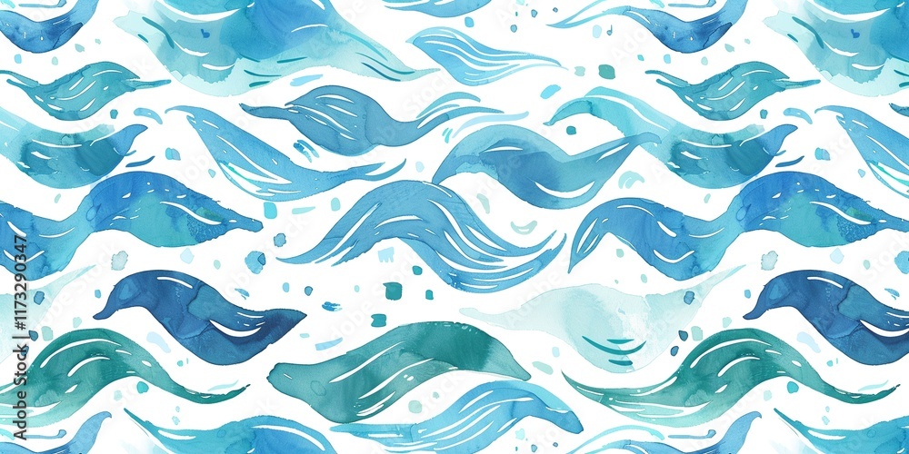 Abstract watercolor painting of ocean waves in shades of blue and teal. Serene and calming, perfect for summer or beach themes.