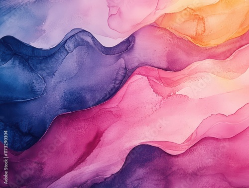 Vivid watercolor textures create a harmonious flow of colors showcasing purple, pink, and orange tones in an abstract, dreamy composition