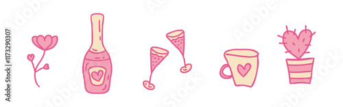 Valentine's Day doodle elements collection with champagne glasses and vine bottle. Hand drawn isolated doodle vector illustration for decor and design.