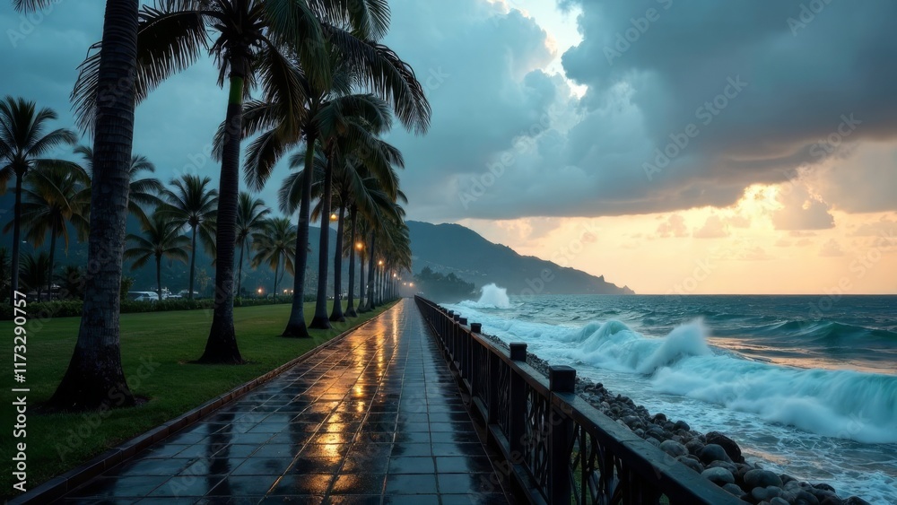 sunset on the beach, Strong winds blow over the palm trees along the embankment, and the rain is caused by stormy waves. Natural disaster sunset on the beach, Strong winds blow over the palm trees along the embankment, and the rain is caused by stormy waves. Natural disaster