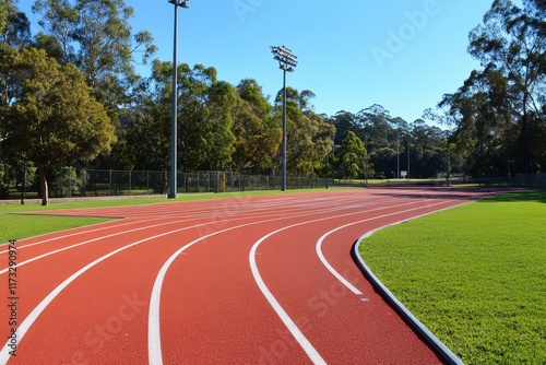 Bright and inviting running track in a lush park setting during clear daylight with trees and floodlights