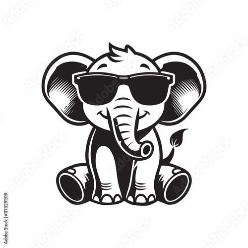Cute baby Elephant sitting wearing sunglass illustration vector, Elephant clipart Design, Funny Elephant Design
