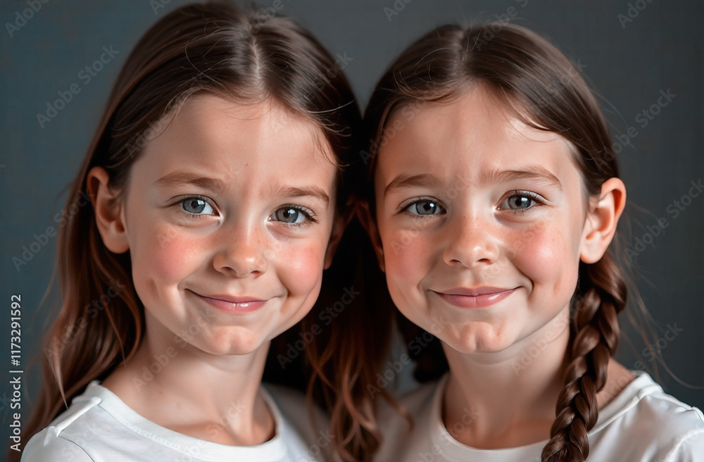 Two cheerful twin girls with dimples smiling against a dark neutral background, the concept of the bond between sisters. Two cheerful twin girls with dimples smiling against a dark neutral background, the concept of the bond between sisters.