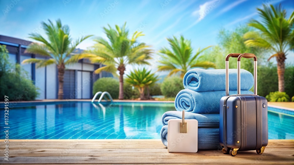 Naklejka premium Hotel Amenities: Key, Room Card, Luggage, Towel, and Wi-Fi Symbols on Blue Background