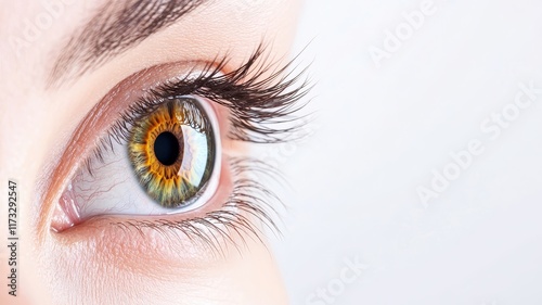 Close-up of an eye showcasing vibrant green and orange colors.