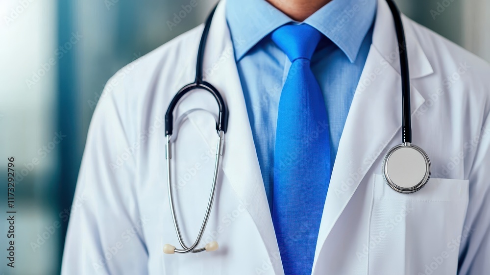 Doctor in a lab coat with a stethoscope and blue tie. Doctor in a lab coat with a stethoscope and blue tie.