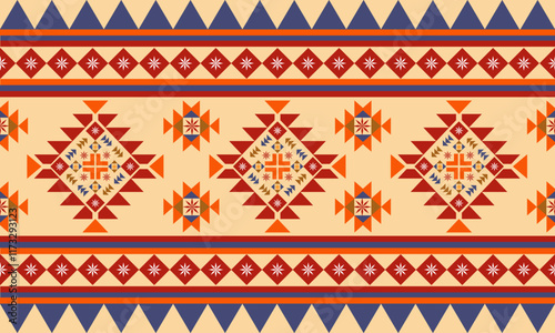 pattern geometric designs with orange,red and blue on yellow background , design for fabric or various pattern printing works.