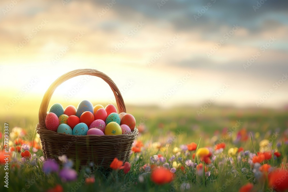 Easter Basket Filled with Colorful Eggs in a Meadow Easter Basket Filled with Colorful Eggs in a Meadow