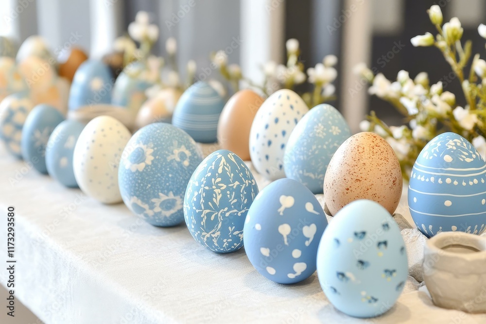 Obraz premium Decorated Easter Eggs on a Light Table Setting