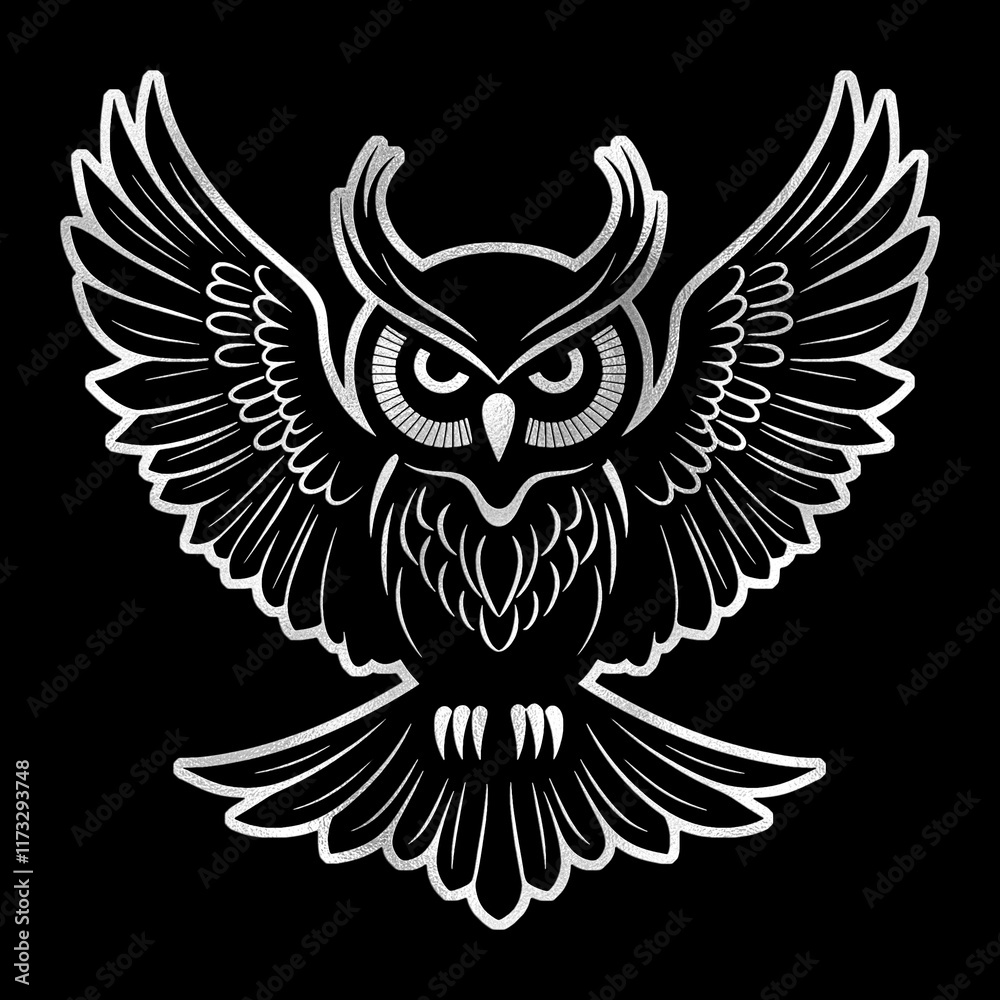 Obraz premium 羽を広げて飛んでいるフクロウのシルバーのシルエットイラスト 黒背景の切り抜き