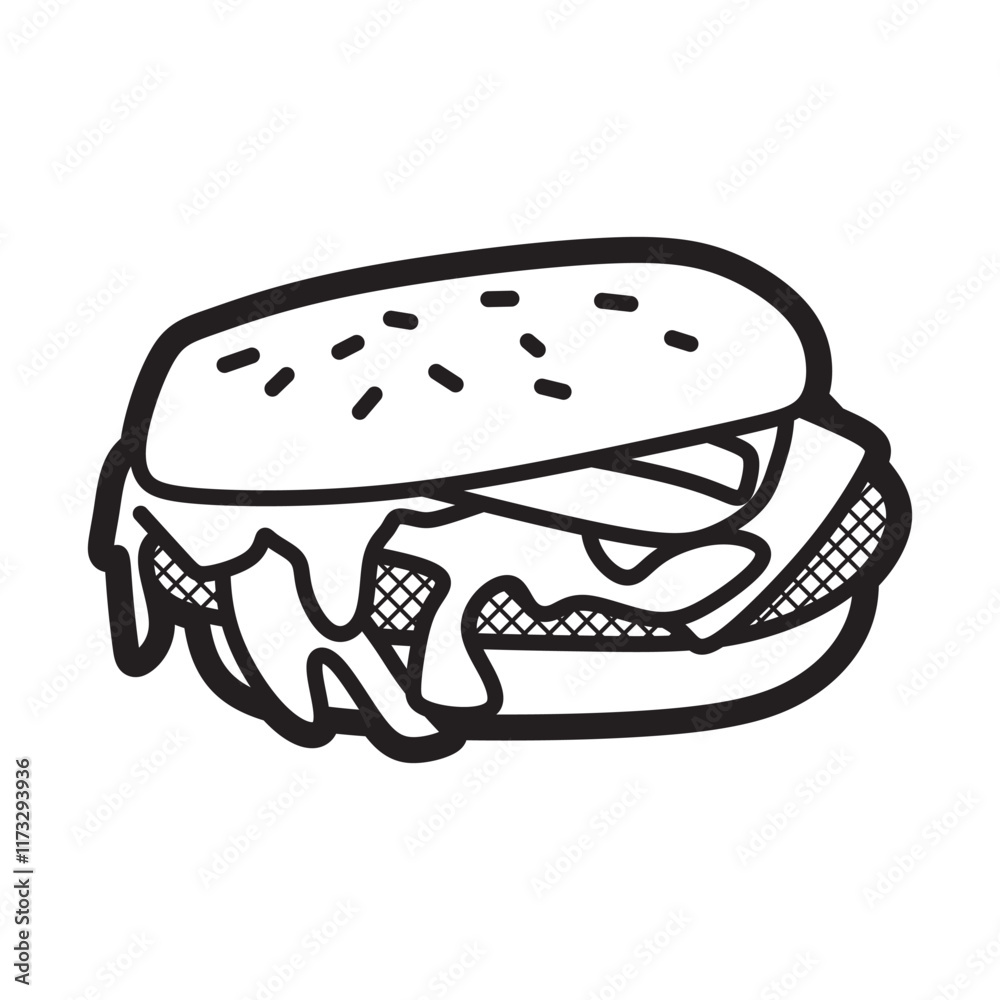 sandwich, simple black and white line art, messy burger with sesame seeds sandwich, simple black and white line art, messy burger with sesame seeds