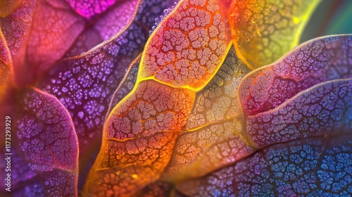 A vibrant microscopic image of a tea leaf's surface, with dew-like trichomes glistening under magnification, showcasing a kaleidoscope of natural textures 