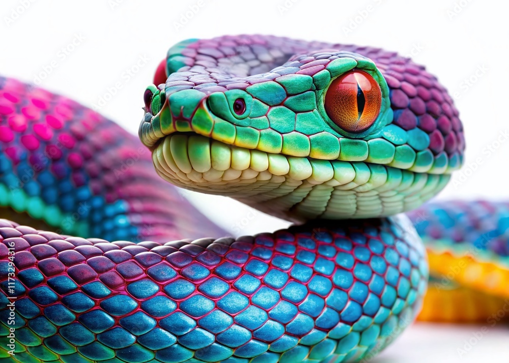 Fototapeta premium Indonesian Purple-spotted Pit Viper Close-up on White Background