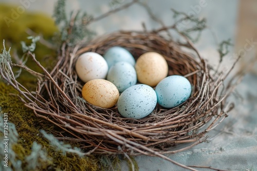 Colorful Eggs in a Nest Decorated with Branches