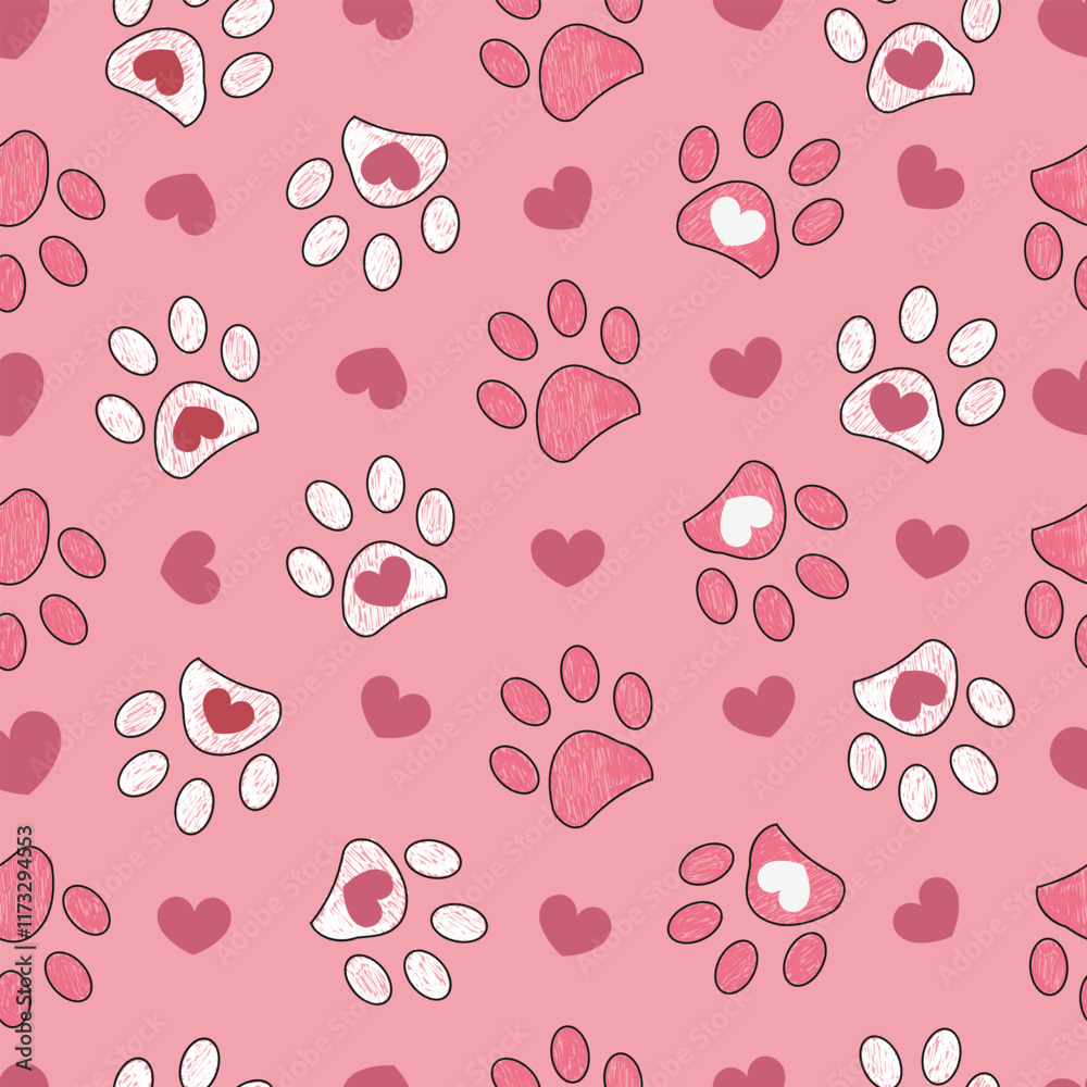 Doodle pink heart pattern with paw print