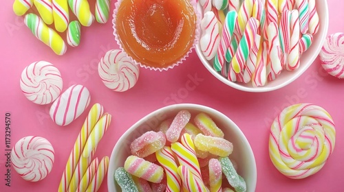 Assorted Colorful Candies and Gummy Sweets Flatlay