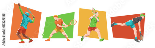 Set of male tennis player character with different poses. Isolated on white background. Flat vector illustration.