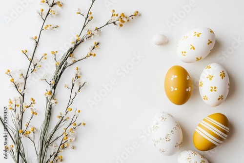 Easter Eggs and Floral Arrangement on White Background