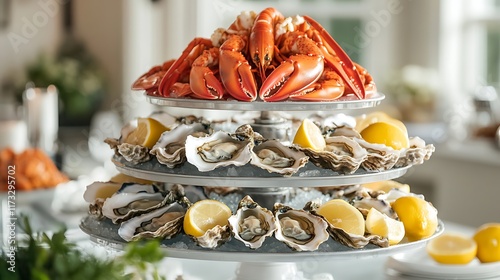 Fresh oysters, lobster platters, and seafood towers, set in a coastal vibe with elegant plating and fresh lemon wedges photo