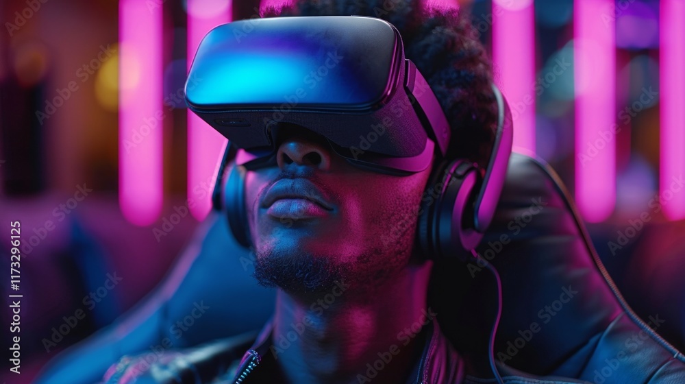 A man wearing a VR headset with pink and blue lighting. AI generative. . A man wearing a VR headset with pink and blue lighting. AI generative. .
